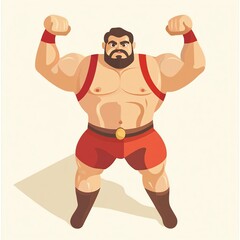 Strongman, flat design, top view, circus theme, cartoon drawing, Complementary Color Scheme