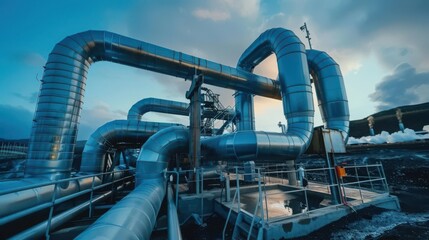 Fototapeta premium Geothermal reservoir with pipes and flowing fluids under the sky, top view, depicting the mechanics of geothermal energy, digital tone, vivid, copy space for text
