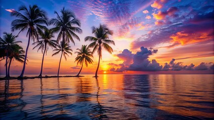 Vibrant sunset over tranquil ocean with silhouette of palm trees, sunset, sky, horizon, dusk, orange, red, golden, clouds