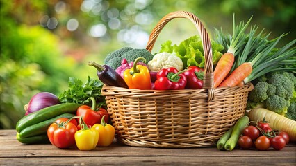 An overflowing basket of fresh vegetables on background, fresh, vegetables, basket, abundance, organic, harvest