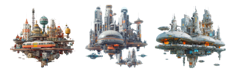 Futuristic Floating Cities Isolated on Transparent Background