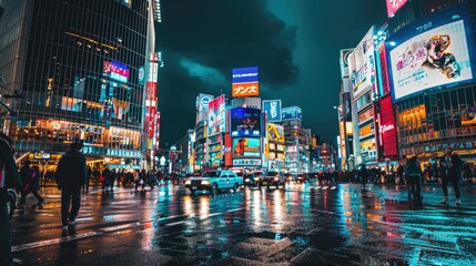 Night cityscape with neon-lit buildings and bustling streets