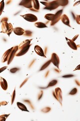 Falling Flax Seeds isolated on white background, full depth of field