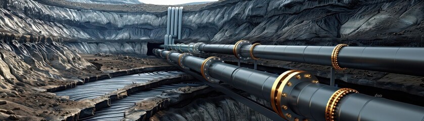 Pipes carrying geothermal fluids from a reservoir, side view, emphasizing the technology in geothermal energy, advanced tone, Analogous Color Scheme, copy space for text