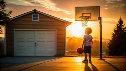 Rear back view silhouette of little toddler boy, male child or kid standing near the basketball hoop and garage in his house home backyard outdoors at sunset. Childhood summer leisure sport activity