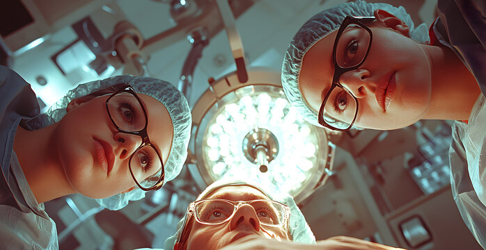 Three doctors are standing in front of a lighted surgical table