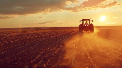 Fototapeta premium Tractor Working the Field at Sunset