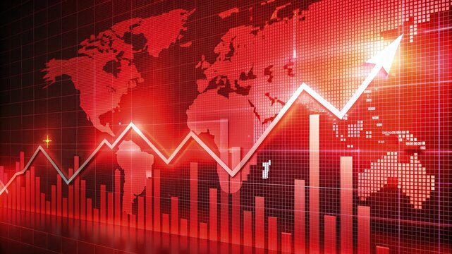 Red digital business graph background. Stock market financial investment chart data, global economy currency growth price increase or decrease down report, trend arrow, crash, crisis, loss, risk