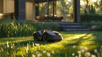 Robotic lawn mower in front of a modern House
