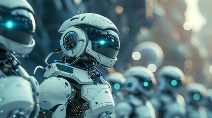 Futuristic robots stand in formation, showcasing advanced technology and intricate designs with glowing elements.