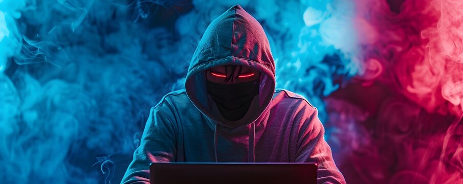 Hacker in a neon mask. Cyber criminal with laptop. Cyber crime, hacker activity, digital system security, cyber attack threat, malware virus alert concept, fraud money, ddos attack
