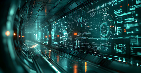 A futuristic tunnel with a green background and a blue and orange screen