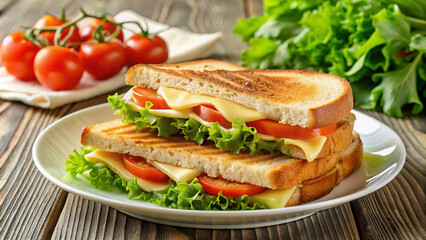 Delicious melted cheese between crispy golden bread slices, garnished with fresh lettuce and tomato, served on a clean white plate with a side of utensils.