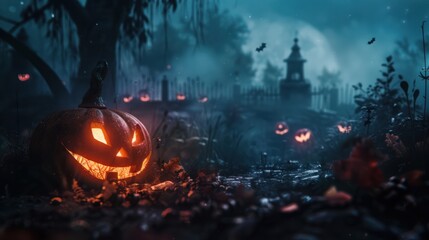 Obraz premium Dark Halloween background with scary jack o lantern pumpkin faces in front of a cemetery.