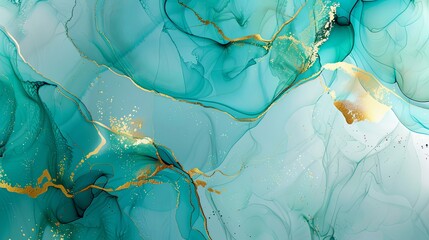 Ethereal Turquoise Alcohol Ink Art, Abstract Splash with Golden Cracks, Raw Style Painting on Canvas Reflecting Tranquil Pastel Tones and Vibrant Textures - 16:9 Aspect Ratio