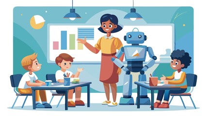 A classroom of young students coding with robots. The design evokes a sense of empowerment and highlights the potential of the next generation of innovators.