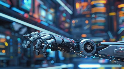 Obraz premium Robotic Hand Reaching Out in a Futuristic City