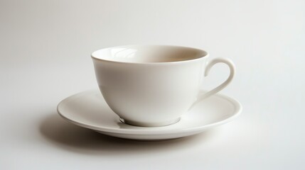 A white teacup and saucer on a white background.