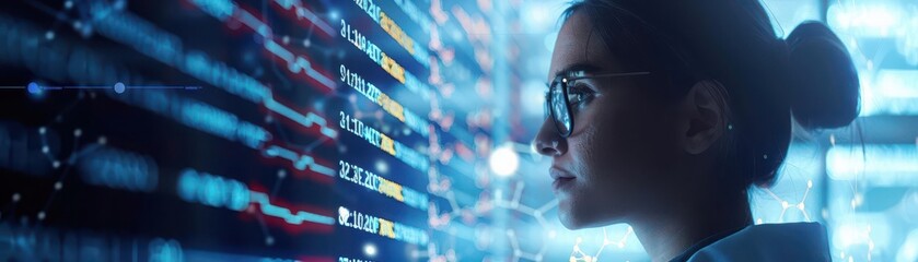 Obraz premium Comprehensive DNA results, healthcare kit analysis, side view, detailed genetic data, technology tone, Analogous Color Scheme, copy space for text,