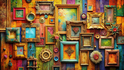 Vibrant colorful background with mixed vintage distressed textures, ornate frames, and eclectic objects, forming a creative abstract collage, perfect for artistic expression.