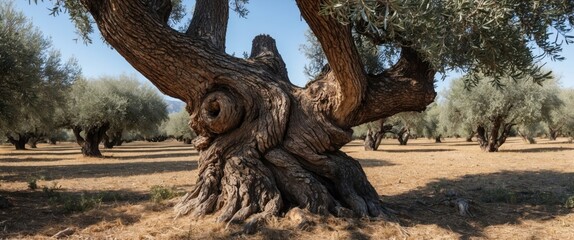 Fototapeta premium A gnarled olive tree trunk in a sunlit grove, showcasing timeless beauty and heritage