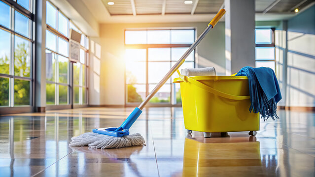 Sparkling clean floor with a few remaining streaks and a bucket of soapy water alongside a mop and a dustpan in a newly sanitized room.