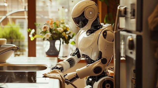 A futuristic robot assists in a modern kitchen, showcasing advanced technology in everyday life and innovative design.