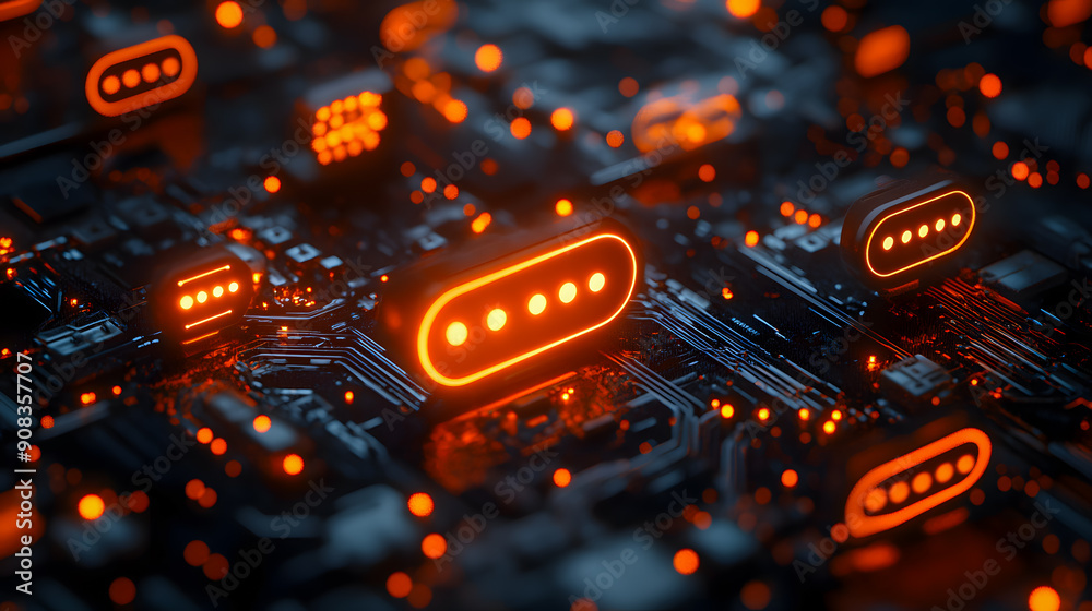 Poster intricate and vibrant microchip circuitry with glowing components representing the complexity and ad