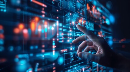 A hand interacts with a futuristic interface made of lines, graphs, and symbols.