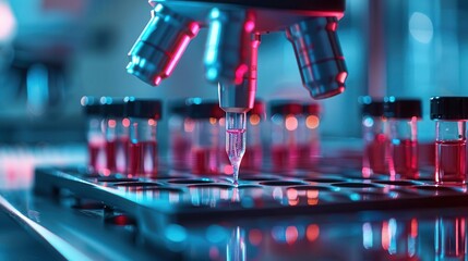 Hightech automated DNA analysis, lab equipment in action, closeup, advanced genetic process, digital tone, Splitcomplementary color scheme, copy space for text,