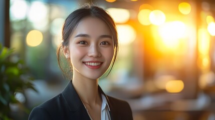 Obraz premium Smiling Businesswoman in Bright Office Setting