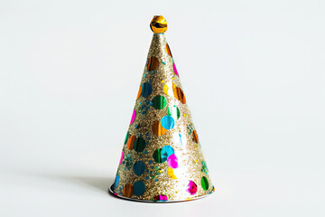 Colorful party hat with gold foil and multicolored dots, isolated on white, symbolizing celebration and festive occasions