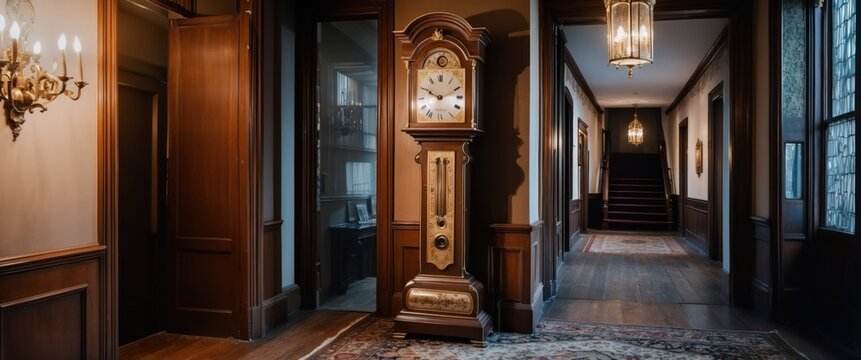An antique grandfather clock in a dimly lit Victorian hall, evoking timeless elegance