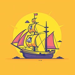 Colorful pirate ship illustration against a vibrant yellow background.