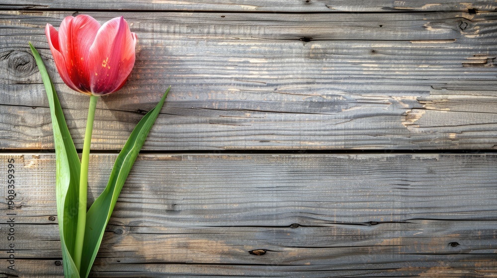 Wall mural Tulip in Bloom on Wooden Background with Space for Text