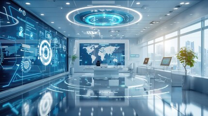 Office interior with a futuristic touch and digital displays