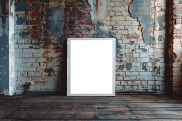 White canvas frame mockup on grungy brick wall and wooden floor