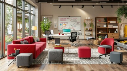 Office space with ergonomic furniture and a smart whiteboard