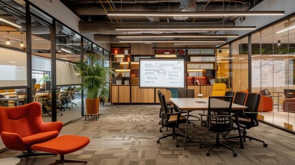 Naklejka premium Office space with ergonomic furniture and a smart whiteboard