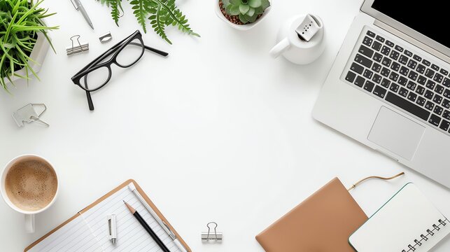 An office desk with a laptop, a notebook, a pen, glasses, a cup of coffee, and plants.