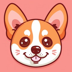 Adorable cartoon illustration of a cheerful corgi dog's face on a pink background.