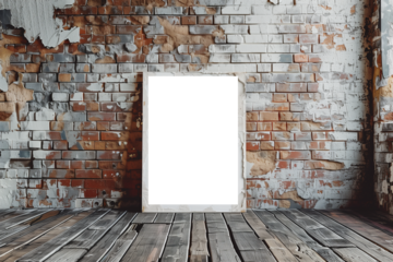 White canvas frame mockup on grungy brick wall and wooden floor