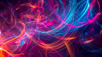 Abstract light trails in pink, blue, and orange, with a dark background.