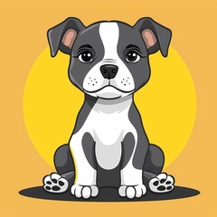 Fototapeta premium A cute gray and white puppy sitting proudly against a sunny yellow background.