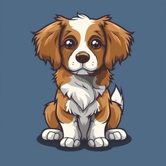 Fototapeta premium Cute cartoon dog with brown and white fur sitting patiently against a blue background.