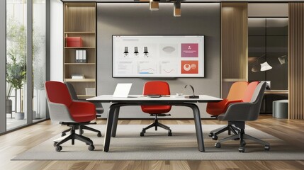 Office space with ergonomic furniture and a smart whiteboard