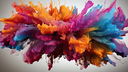 Abstract explosion of colors in paint splashes, isolated on white. Mixed liquid vivid flow, curved dynamic fluid for creative background - Generative AI  