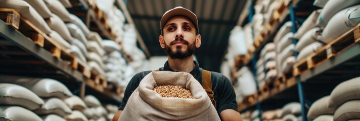 Millennial brewery worker holding wheat or barley grains in warehouse filled with white sacks