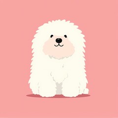 Cute fluffy white dog sitting against a pink background.