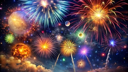 Naklejka premium Celestial Symphony: A Cosmic Firework Display Illuminating the Night Sky Generative AI